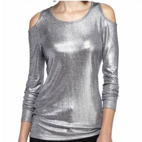 Michael Kors Tops - Michael Kors Women's Silver Metallic Off Shoulder Top Size S Long Sleeve
